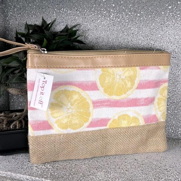 NWT Top It Off Jute Lemon Zippered Pouch Wristlet Cosmetic Makeup Bag Travel - Picture 1 of 4